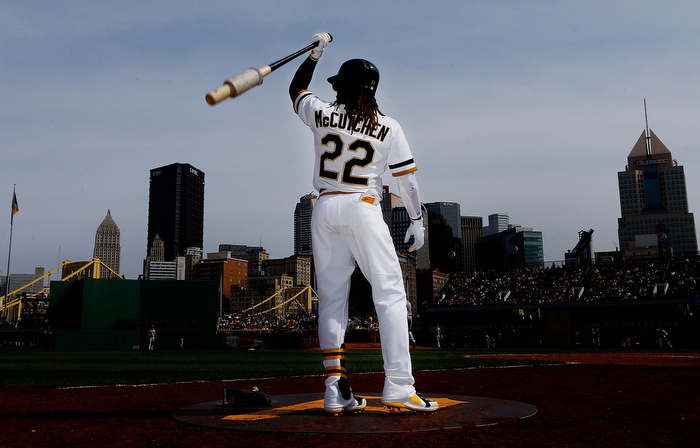 Andrew McCutchen #22 of the Pittsburgh Pirates stands in the on deck circle during the game against the Cincinnati Reds on April 14, 2013 at PNC Park in Pittsburgh, Pennsylvania.