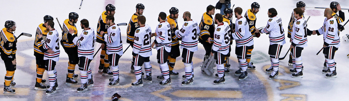 The traditional post game hand shake line between the teams after the Blackhawks defeated the Bruins and won the Stanley Cup.