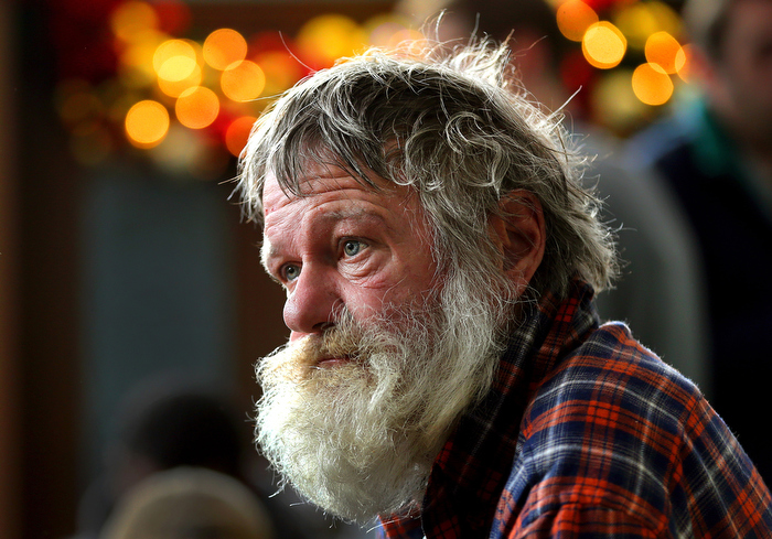 Boston 12/24/2013- John Wuschke from South Boston has been homeless for three years. He waits for his lunch at the annual Christmas Eve lunch was served to close to 1000 homeless men and woman at the Pine Street Inn.