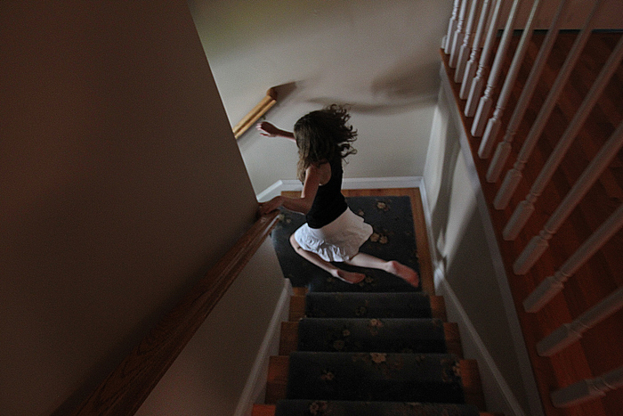Nicole is lightening fast on her knees as she makes her way downstairs. She does not walk on her feet.