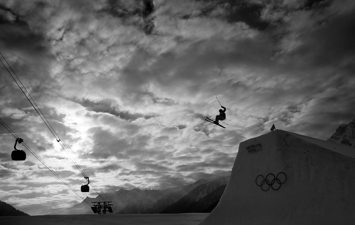 SOCHI, RUSSIA - FEBRUARY 11: A competitor in the Freestyle Skiing Women's Ski Slopestyle Qualification on day four of the Sochi 2014 Winter Olympics at Rosa Khutor Extreme Park on February 11, 2014 in Sochi, Russia.