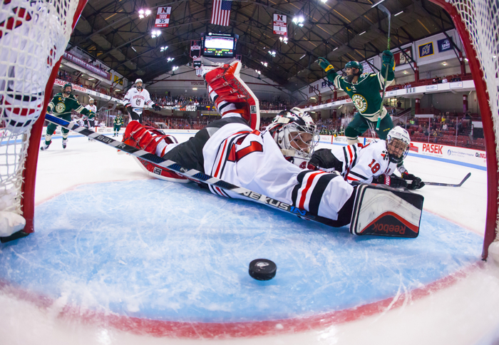 BOSTON, MA - OCTOBER 29: Jarrid Privitera #19 of the Vermont Catamounts celebrates his goal as Ryan Ruck #41 and John Stevens both of the Northeastern Huskies watch as the puck enters the net during NCAA hockey at Matthews Arena on October 29, 2015 in Boston, Massachusetts. The Catamounts won 3-2.