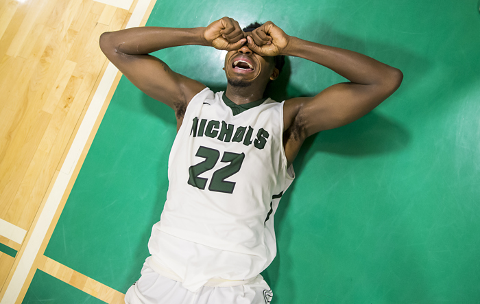 2/25/17- Dudley, MA: Nichols College Forward Devin Stallings cries tears of joy immediately after winning the CCC Mens Basketball Championship. The Bison defeated Endicott 67-64.